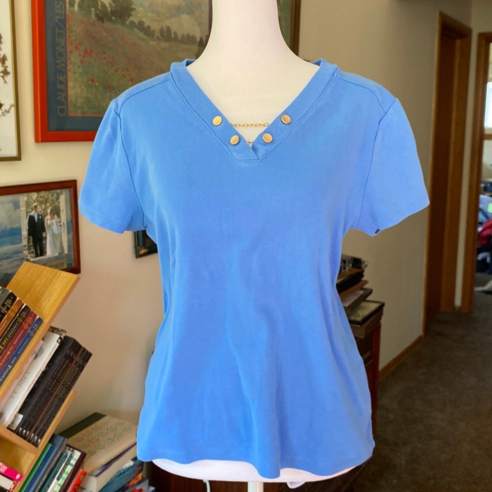 Vintage 90s Short Sleeve Gold Chain Blue Top Medium Cotton Jewelry Coastal Femme